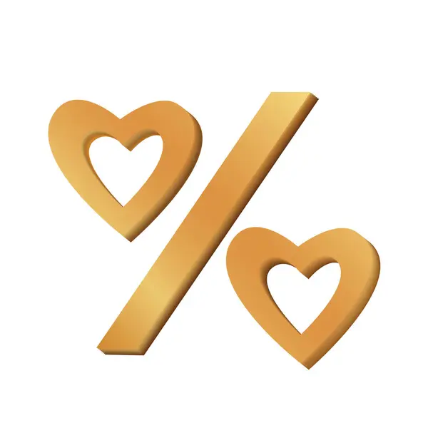 Percent Sign Two Gold Hearts Promotion Discounts Offers Valentine Day — Stock Vector