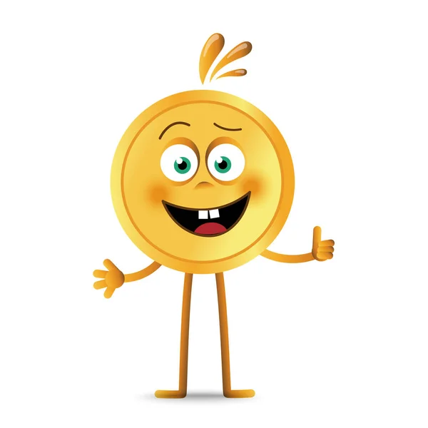 Fröhliche Emotionale Münzfigur Mit Breitem Lächeln Und Zwei Zeichentrickzähnen Die — Stockvektor