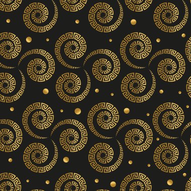 Siyah arka planda altın spiral kıvrımlı kusursuz lüks model. Tipografi için doğu tarzı, kumaş, perde, eşarp ve iç mekan baskısı