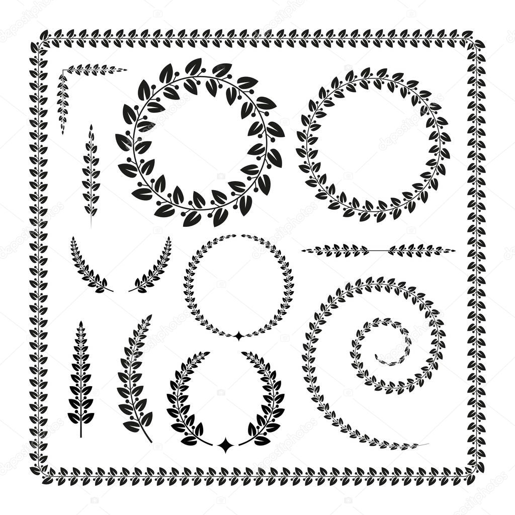 Set of 4 black and white decorative ethnic frames and borders of olive laurel branches with large leaves. Design elements for certificates, books, labels, stickers, champion awards