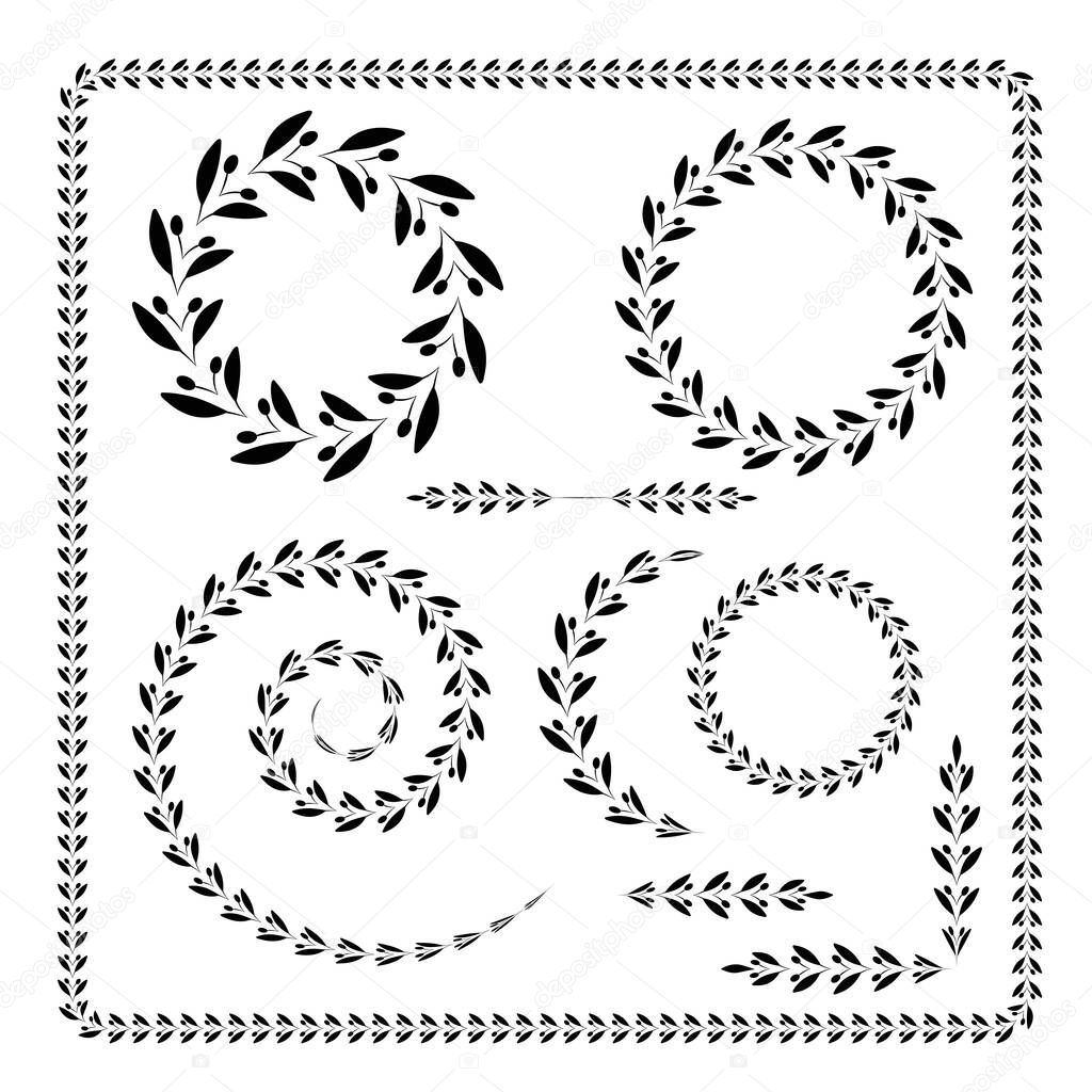Set 7 black and white decorative ethnic frames and borders of laurel leaves and olives. Design elements for certificates, books, labels, stickers, champion awards, medals