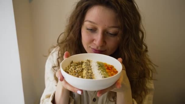 Cute Vegan Woman Having Breakfast Bowl Fruit Granola Berries Delicious — Stockvideo