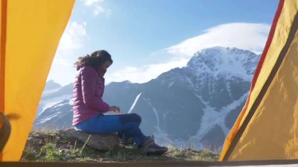 Woman Tourist Freelancer Working Laptop Mountains Dawn View Tent — Stock Video