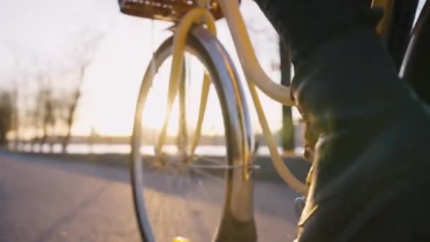 Woman Black Shoes Pedaling City Bike Sunset Front Wheel Close — Vídeos de Stock