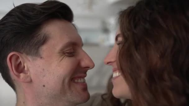 Happy Newlyweds Dark Hair Smile Broadly Demonstrate Love Affection Kissing — Vídeo de Stock