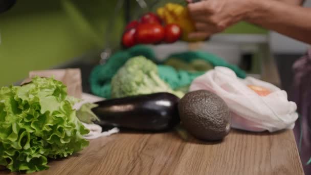 Woman Takes Fresh Squash Out Mesh Bag Vegetables Housewife Cooks — Stockvideo