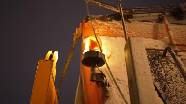 Orange Signal Light Snowplow Rotates Slow Motion Close Evening Snowfall — Wideo stockowe