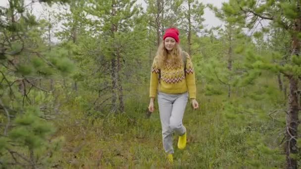 Genç Sarışın Kadın Çayırlarda Yürümeyi Ağaçlara Dokunmayı Etrafa Bakınmayı Seviyor — Stok video
