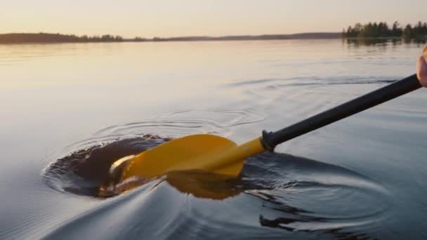Wiosła Podróżne Gładkiej Powierzchni Wody Jeziorze Zachodzie Słońca Złotej Godzinie — Wideo stockowe