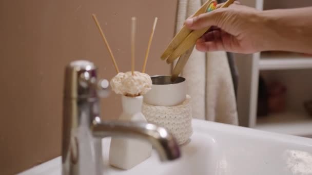 Woman Puts Bamboo Eco Friendly Toothbrushes Glass Bathroom Sink Minimalism — Stock Video