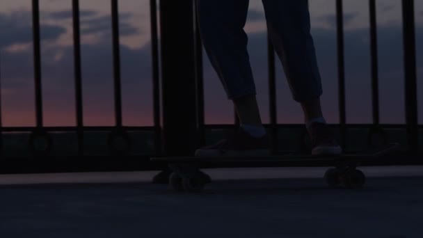 Vrouw Rijdt Een Skateboard Langs Het Pad Dijk Tegen Achtergrond — Stockvideo
