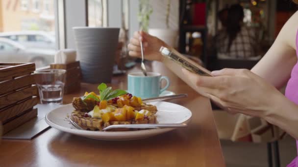 女人坐在咖啡店里 手里拿着智能手机 另一只手拿着杯子搅拌着咖啡 手非常近 在咖啡馆里享用美味而健康的早餐 在网吧一开始就上网 — 图库视频影像