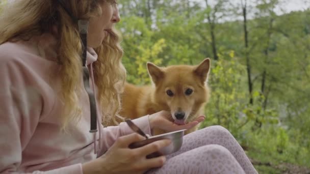 Seorang Pendaki Perempuan Mengenakan Helm Memberi Makan Seekor Anjing Merah — Stok Video