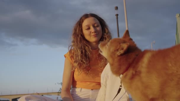 Tânără Zâmbitoare Păr Cret Bucură Apusul Soarelui Câinele Pod Lovind — Videoclip de stoc