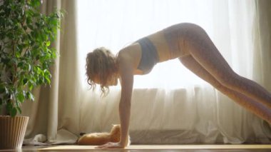 Aşağıya doğru eğilmiş köpek yoga pozu veren kadın, güneşli bir odada yerde uyuyan bir kediyle sakin bir atmosfer yaratıyor. Spor tişörtlü ve taytlı bir kadın evde paspasın üzerinde spor yapıyor, sağlıklı bir hayat sürüyor.
