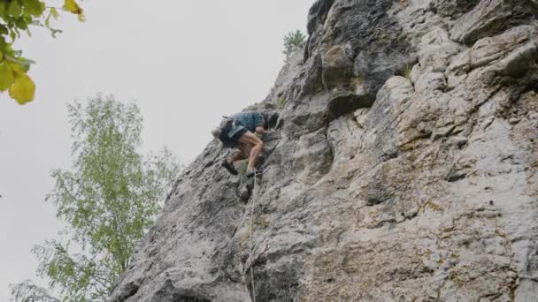 アスレチックな服装のクライマーは 森林地形の背景に対して強さと敏捷性を示すために 次の動きに意図的に焦点を当てた急な石灰岩の崖をスケールします 男性のクライマー — ストック動画