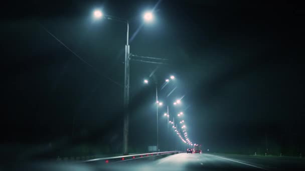 Köra Bil Natten Dimman Längs Motorväg Upplyst Lyktor Ödslig Nattväg — Stockvideo