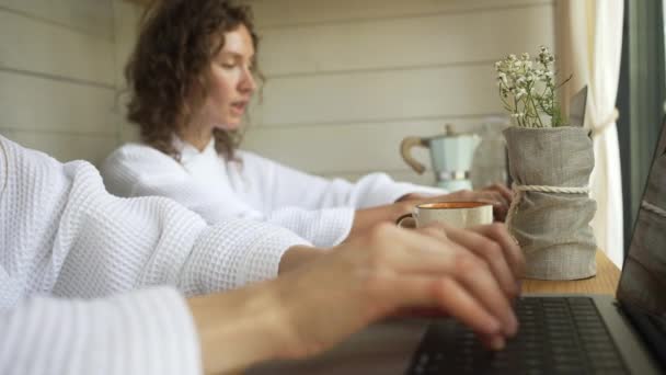 Duas Mulheres Negócios Amigas Freelancers Trabalham Laptops Enquanto Sentam Uma — Vídeo de Stock