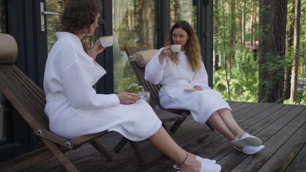 Two Female Friends Enjoying Leisurely Conversation Cup Coffee Wooden Veranda — Stock Video