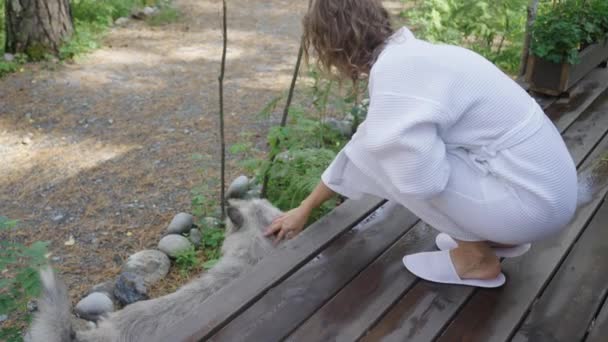 Doğadaki Tahta Güvertede Beyaz Bornozlu Kadın Evcil Köpeği Bir Kız — Stok video