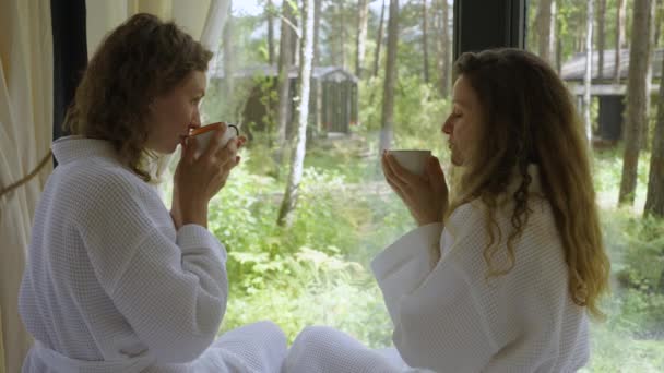 Zwei Frauen Weißen Mänteln Trinken Ein Warmes Getränk Und Unterhalten — Stockvideo
