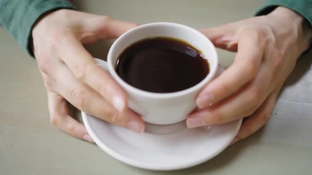 女性の手のクローズアップビューは 蒸し黒いコーヒーでいっぱいの白いセラミックカップ 快適なグリップで見える暖かさ — ストック動画