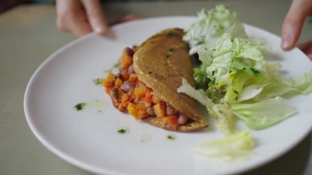 Une Poche Pita Saine Remplie Mélange Haricots Légumes Coupés Dés — Video