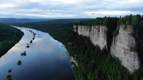 Awe Inspiring Aerial Perspective Serene River Winding Dramatic Cliffside Flanked — Stock Video