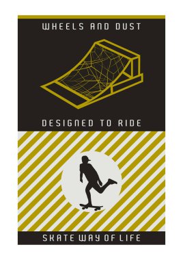 Kaykaycı siluetinin ve kaykay rampasının çizgili arka planı üzerindeki vektör çizimi. Tişörtler, posterler vs. üzerine baskı yapmak için tasarım...