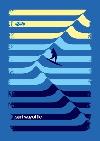 Ilustración Vectorial Composición Con Siluetas Surfistas Surfeando Ondas Gráficas Compuestas — Vector de stock