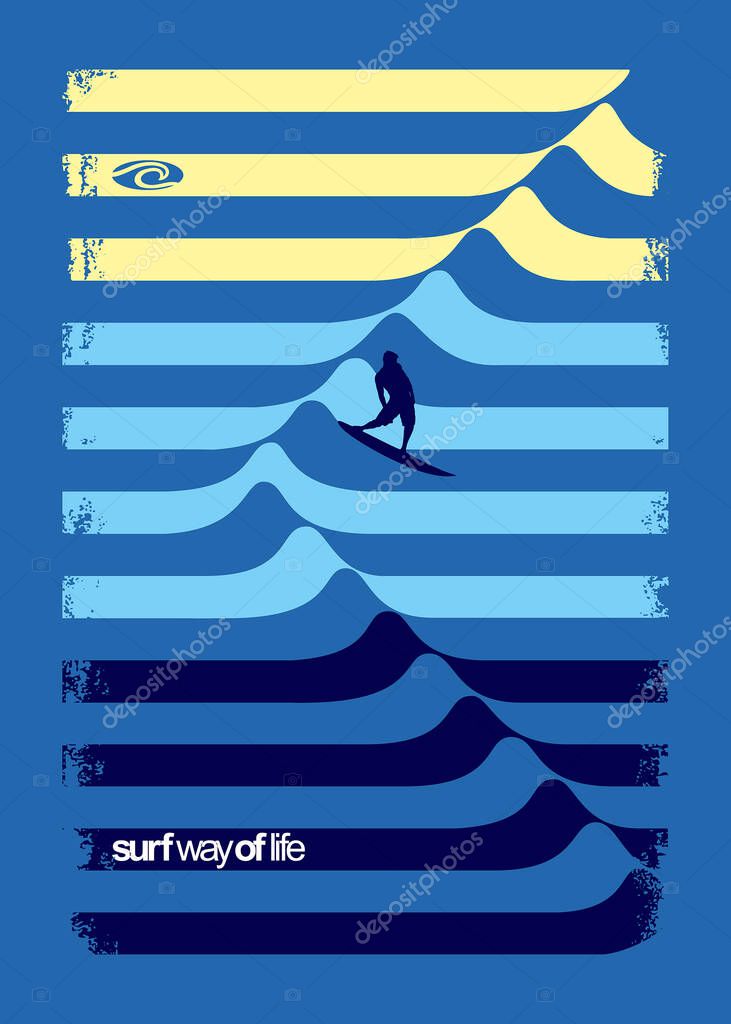 Vector illustration of composition with silhouettes of surfers surfing graphic waves composed of curved stripes. Design for posters, print on T-shirts and etc...