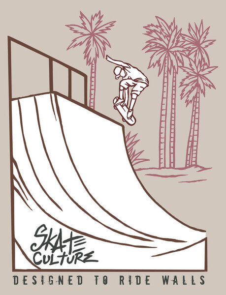 Vector illustration in simple, stripped strokes of a skateboarder performing tricks on a ramp. Art for printing on t-shirts, posters and etc...