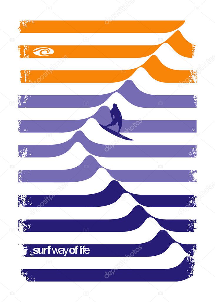 Vector illustration of composition with silhouettes of surfers surfing graphic waves composed of curved stripes. Design for posters, print on T-shirts and etc...