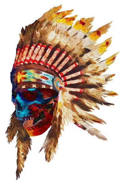 stock image North American Indian skull illustration with headdress. Multicolored and stylized artwork, simulating oil painting.