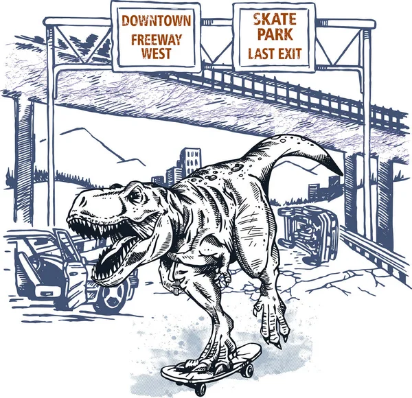 Stripped Vector Illustration Tyrannosaurus Rex Skateboarding Destroyed Cityscape Arte Para — Vector de stock