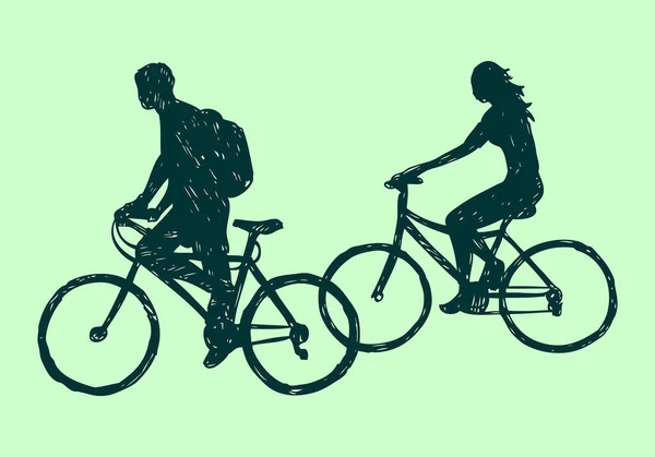 Векторні Ілюстрації Велосипедистів Пара Силует Мистецтво Роздягненому Стилі Неправильними Штрихами — стоковий вектор