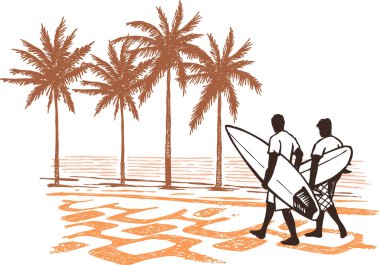 Tropikal bir bölgede sahil boyunca yürüyen sörfçülerin el yapımı resimleri..