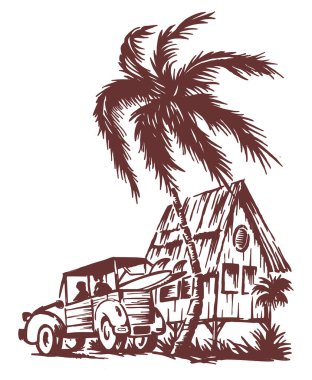 Vektör el çizimi, tropikal manzarada sörfçü arabasının çizgi film stili çizimi. Soyulmuş ve stilize edilmiş vuruşlarda sanat.