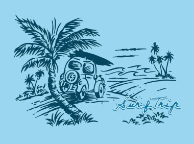 Vektör, sörfçü arabasıyla deniz manzarasının karikatür stiliyle el çizimi illüstrasyon. Posterler, tişörtler vs. için soyulmuş fırça darbelerinde sanat.