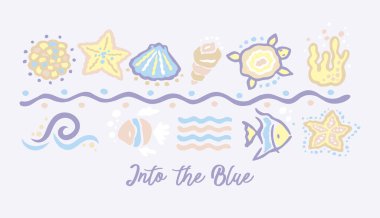 Deniz elementlerinin el yapımı vektör çizimi. Kabuklar, balıklar, denizyıldızları, algler ve kaplumbağalar. Tarz sahibi serbest stil sanat.