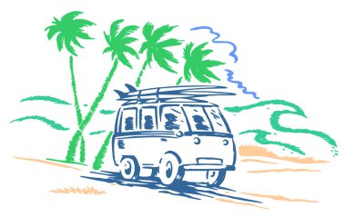 Çizgi film stili sörfçü arabasının vektör illüstrasyonu.