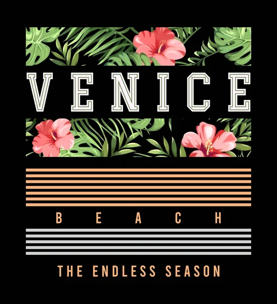 Çiçeklerin, çizgilerin ve Venedik ve yaza gönderme yapan metinlerin renkli vektör çizimi. Tişörtlere, posterlere ve benzeri şeylere baskı yapma sanatı ...