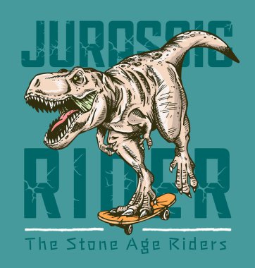Tyrannosaurus Rex 'in kaykay sürüşünün vektör çizimi. Yazılı kompozisyon ile sanat. Posterler için düzenlenebilir tasarım, tişörtlerdeki baskılar, vs..