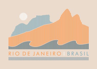 Rio de Janeiro kıyı bölgesindeki dağların renkli siluetlerinin vektör çizimi. Dikey çizgiler tarafından oluşturulan grafik biçimi sanatı.