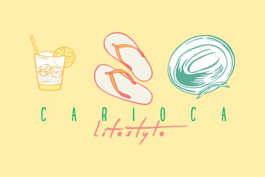 Şapka, bir bardak caipirinha ve parmak arası terlikle kompozisyonun vektör çizimi. Sanat Rio yaşam tarzını temsil ediyor. Basit ve stilize vuruşlarla çizmek.