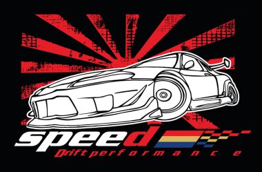 Arkaplanda metin ve grafik öğeleri olan stilize edilmiş arabanın vektör renkli çizimi.