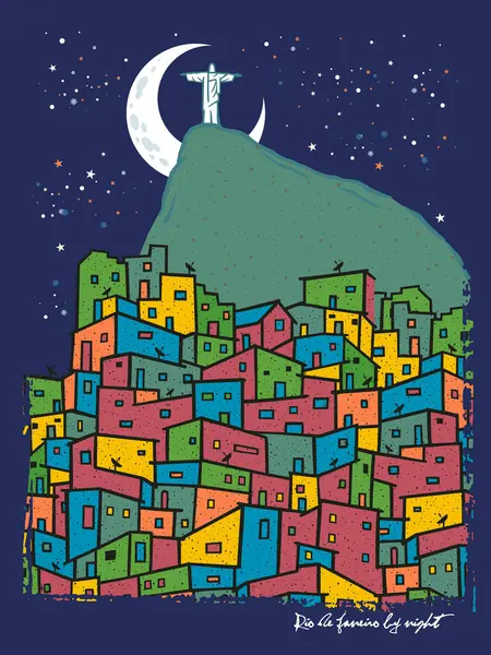 Stiliserad Vektor Illustration Stadsbilden Rio Janeiro Brasilien Natten Konst Minimalistisk — Stock vektor