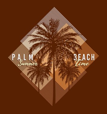 Soyut arka planda tropik palmiye ağaçları silueti sanatı. Tişörtler, dekorasyon vs. üzerine baskı sanatı.