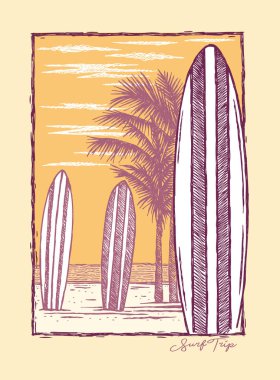 Sörf tahtaları olan tropikal bir plajın el çizimi. Basit ve serbest satırlı sanat.