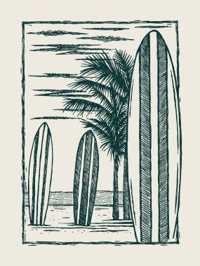 Sörf tahtaları olan tropikal bir plajın el çizimi. Basit ve serbest satırlı sanat.